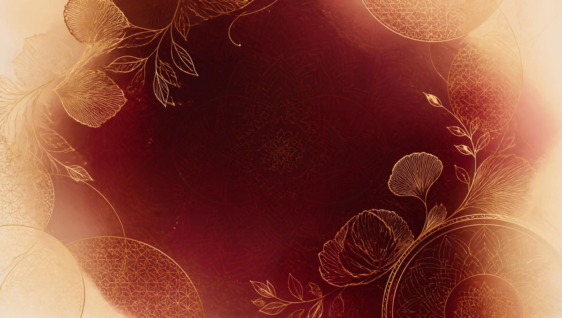 Abstract gold ornamental linework on a deep maroon ground